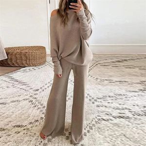 Kvinnor Tvåbitar byxor Fashion Tracksuit Kvinnor Stickad långärmad Oneck Pullover Tröja Wide Leg Pants Casual Loose Suit Female 2 Piece Set 220906