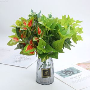 Faux blommig grönare simulering växt vägg grön växt vägg blomma stycke vägg dekoration falsk blomma blad blad 7 gaffel grön stjälk blad j220906