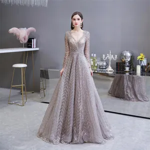 A-Line Party Dresses Beaded Party Party Lace Fabric Dresses V-Deace Women Long Sleeve Evening Gown YS69448