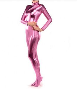 Parlak metalik seksi kızlar catsuit kostümleri pembe lycar spandeks zentai tam bodysuit dans kıyafeti parti kulüp kıyafetleri kostümler eldiven ve başlıksız