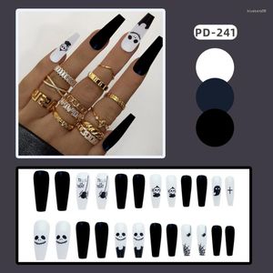 Unghie finte 24 pezzi a tema Halloween nero bianco lungo bara stampa su punte per nail art punta artificiale per unghie finte