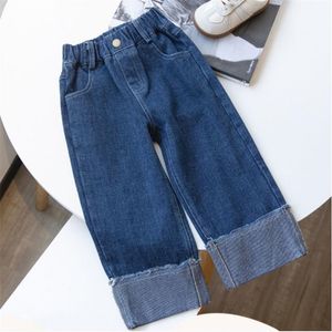 Baby Jeans Pants Spring autumn Korean children denim trousers girls fashion loose rolled all-match Kids stright jeans Clothing 20220906 E3