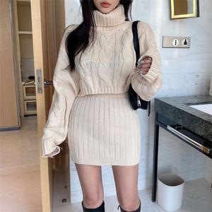 Zweiteiliges Kleid Korean Chic Twist Strickanzug Frauen Herbst Winter Rollkragenpullover Crop Top Mini Bodycon Rock Sets Zweiteiliges Outfit weiblich 220906