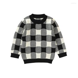 Shirts Little Girls Boys Casual Knitted Tops Toddlers Black White Plaid Long Sleeve Round Collar Pullover Knitwear Children Clothes