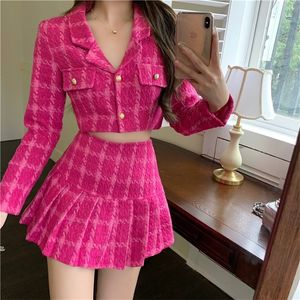 Zweiteiliges Kleid Herbst Tweed Woolen Damen Anzug Sexy Plaid Kurze Jacke Crop Top Mini Plissee Hohe Taille Röcke Clubwear Süßes Zweiteiliges Set 220906