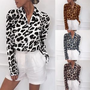 Kvinnors blusar Chiffon Blue Long Sleeve Sexig Leopard Print Slå ner krage lady office skjorta tunic casual löst toppar överdimensionerade