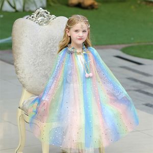 Cosplay Girls Rainbow Sequins Cape Cloak Costume Drawstring Tulle Halloween Fancy Dress Up Mantle 20220906 E3