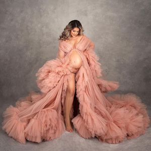 Vestido de maternidade rosa empoeirado tule tule gestante feminino vestidos de baile de beb￪ vestidos de ch￡ de ch￡ de beb￪ frontal l￺cres de luxo de luxo