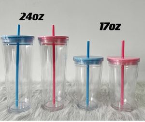 17oz/24oz plasttumblare Sippy Drinking Cup med lock och halm akryl Skinny Cup Double Wall Beer Coffee Mug Travel Cups