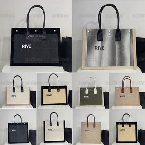 Rive Gauche Totes Bags Women Striped Canvas and Weave Leather Large Beach Handbags Shopping Purse Luxurysデザイナー大容量夏の旅行ショルダーバッグ2022