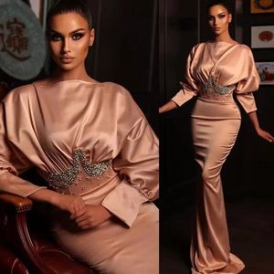 2022 Mermiad Evening Dresses Aso Ebi African Plus Size Bateau Neck Satin Long Sleeves Beaded Crystals Prom Gowns for Women Party Formal Second Reception Dress GB0906