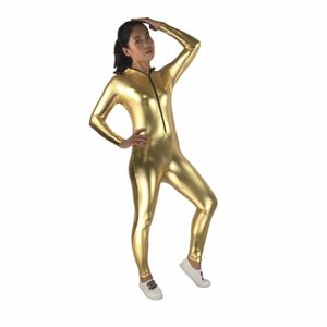 Błyszczące metaliczne seksowne dziewczęta Catsuit Catsue Silver Lycar Spandex Zentai Full Bodysuit Dancear Party Clubwear Scena Kostium przednie zamek z kapturem