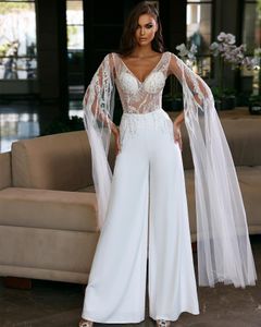 Elegant White Jumpsuits Evening Dresses V Neck Sequined Beaded Long Sleeve Prom Gown Custom Females robes de soiree