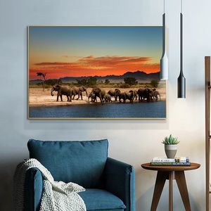 Painting African Grassland Elephant Oil on Canvas Scandinavian Posters and Prints Cuadros Wall Art Pictures For Living Room