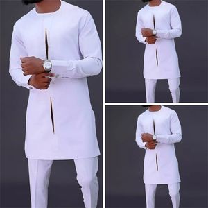 Ethnic Clothing Men Dashiki Long Sleeve Shirt White Trouser Set s 2 Pieces Outfit Suit Traditional Male Clothes Tshirt Pant Suits For 220906
