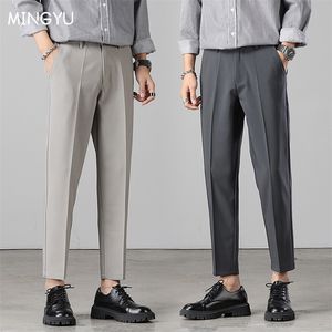 Mens Pants Marka Yaz Anklelength Pants Erkekler Stretch Business Suit Klasik Siyah Gri Kore Straigh Rahat Resmi Pantolon Erkek 220906