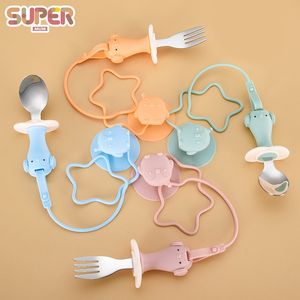 Cups Dishes Utensils Baby Gadgets Silicone Tableware Set Child Utensil Stainless Steel Toddler Dinnerware Cutlery Cartoon Infant Feeding Spoon Fork 220906
