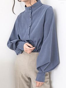 Kvinnors blusar eleganta h￶stkvinnor Big Lantern Sleeve Blus Stand Collar Single Breasted Vintage Shirts Office Lady Blue Shirt Ropa Ropa