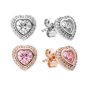 Real Sterling Silver Love Heart Stud Earring Womens Wedding Party Jewelry For pandora Rose Gold Pink CZ diamond girlfriend Gift Earrings with Original Box