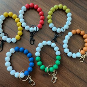 Silicone Beads Elastic Beaded Bracelet Keychain Marble and Solid Color Matching Key Chain Wristlet Bracelet with Lobster Clip