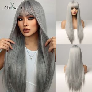 Sentetik Saçsisimetik Siyah Alan Eaton Cosplay Gümüş Gri Doğal Uzun İpek Düz Saç Perukları Patlamalarla Kadın Kız Heat