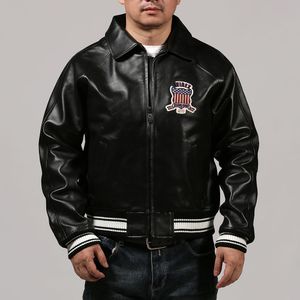 AVIREX schwarze Revers-Schaffell-Lederjacke, lässiger sportlicher Fluganzug, 1975, USA