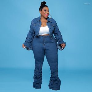 Trainingsanzüge Mode Denim Zweiteiler Damen Plus Size Kleidung Plissee Langarm Knöpfe Crop Top und Hosenanzug Blau Freizeit Outfit