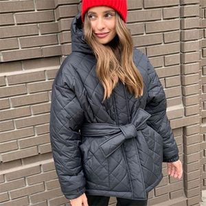 Women's Down Parkas CP Casual Loose Arygle Hooded Parkas Women Fashion Solid Thick Short Coats Women Elegant Tie Belt Cotton Jackets Female Ladies 220906