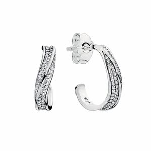 CZ Diamond Pave Wave Hoop Küpe Otantik Sterlling Gümüş Kadınlar Düğün Takı Pandora Girlfriend Hediye Sapı Küpe Orijinal Kutu ile