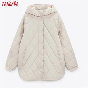 Женские вниз Parkas Tangada Женщины бежевые негабаритные длинные капюшоны Parkas Осенние зимние кнопки с длинным рукавом карманы Женское теплое пальто 6W02 220906