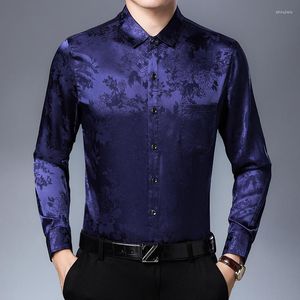 Men's Casual Shirts Male Silk Floral Shirt Spring & Autumn Mens Long Sleeve Soft Satin Dress