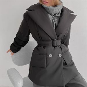 여자 다운 파카 말리나 간단한 포켓 패션 패션 더블 가슴 코트 솔리드 타이 벨트 노치 코튼 재킷 숙녀 220905