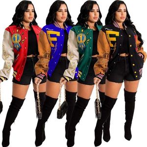 Retail Womens Baseball Jacket Warm Coat Fall Winter Printed Stitching Color Coat Blocking Button Buckle Clip Tops