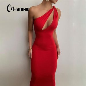 Abiti casual Cnyishe One spalla Bodycon guaina abiti da festa midi per donne abiti senza maniche estate sexy abito cavo out femmina girestidos 220906