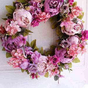 装飾的な花の花輪人工紫色の丸い牡丹の花輪の正面玄関壁フェスティバルデコレーションブーケウェディング写真サプライズT220905