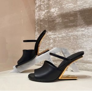 Perfekt SF22 Summer First Sandals Shoes Women Calf Leather F-Shaped Peep Toe Gold-färgade metallmulor Naken Black White Party Wedding Lady Slipper