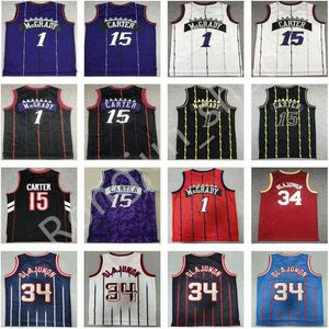 Retro zszyta koszykówka Vince Carter 15 Tracy McGrady 1 Hakeem Ojuwon 34 Koszulki Bck Purple White Red Vintage