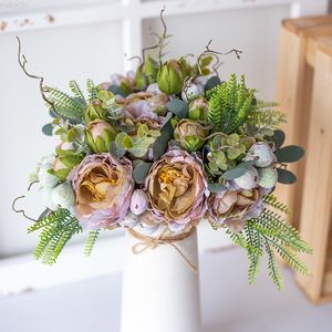 Faux blommor grönare vacker pion konstgjorda blommor lila siden stora bukett falska blommor för hem bröllop hotell vardagsrum diy bord dekoration j220906