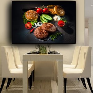 Canvas Painting Vegetable Meat Knife and Fork Kitchen Cuadros Posters and Prints Wall Art Food Picture Living Room