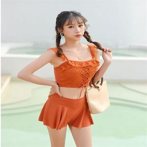 Wholesale two piece skirt bathing suit resale online - Small Pure Fresh Band Two piece Set Of Slim Safety Pants Split Skirt Beach Resort Spring Bathing Suit Women277n