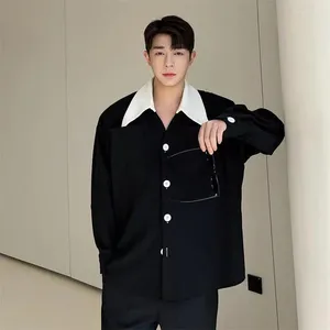 ingrosso Colore Coreano Capelli Lunghi-Camicie casual maschile estate Streetwear coreano Ins Contrast Color Big Collar Shirt a maniche lunghe Uomini di fascia alta di alto livello di capelli sciolti
