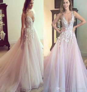 Beach 2023 Boho Wedding Dresses Bridal Gown Blush Pink Sleeveless Plus Size Lace Applique Tulle Deep V Neck Sweep Train Custom Made Vestido De Novia 403 Estido