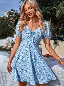 Flower Print Mini Dress Women 2022 Summer Puff Sleeve V-Neck Boho Bohemian Beach Short Dress Ladies Holiday Sundress T220819