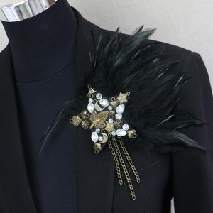 Broschen, handgefertigt, Strass-Stern, Boutonniere-Clips, Kragen-Brosche, Anstecknadel, Business-Anzüge, Bankett, schwarze Feder-Anker-Blumen-Corsage