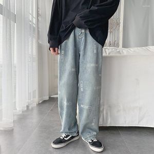 Erkekler kot moda erkekler gevşek fit hip hop baskılı vintage yıkanmış kot pantolon sokak kıyafeti geniş bacak jean pantolon erkek için