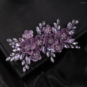 Headpieces Trendy Rhinestone Flower Bridal Hair Clip Purple Wedding Accessories Party Ornament For Women Headdress Handmade Tiara