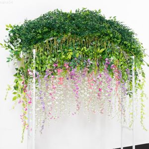 Greante floral falsa 3pcs roxo rattan guirlanda de seda planta falsa folhas de parede caseira de parede de casamentos arco decoração 3 gaffle videira longa flores artificiais j220906