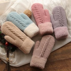 Mittens Winter Women Keep Heavy Plus Velvet Inside Mu￱ para la mu￱eca Engrosar Guantes de lana de ciclo de dedo completo de tejido