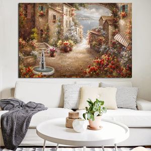 Canvas Painting Print Abstract Retro Garden Mediterranean Landscape Oil Painting on Canvas Modern Sofa Poster Art Wall Picture for Living Room