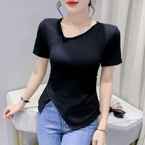 T-shirt da donna Camicia a maniche corte T-shirt da donna asimmetrica nera con colletto obliquo da donna